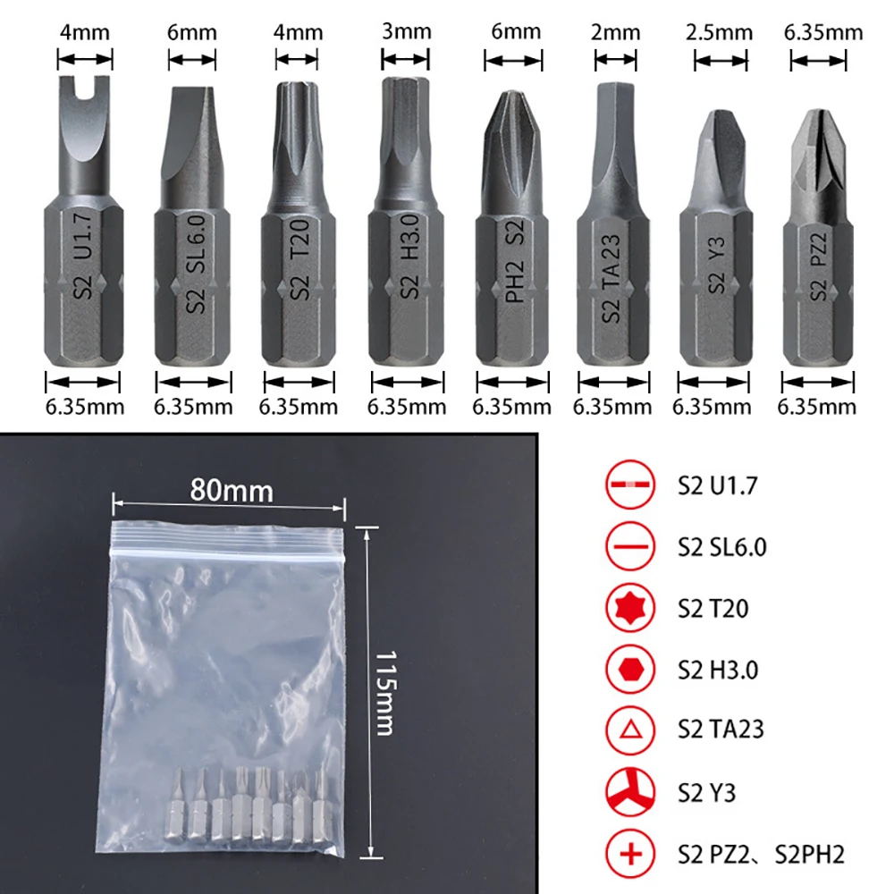 

8pcs 25mm Screwdriver Bits U1.7/SL6.0/T20/H3/PH2/TA23/Y3/PZ2 1/4 Inch Hex Shank Electric Screw Driver Bit Set Repair Hand Tools