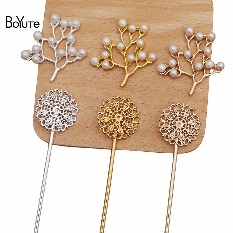 BoYuTe (10 Pieces/Lot) 25MM Filigree Peacock Feather Hair Stick with 37*40MM Pearl Tree Branches Diy Jewelry Accessories