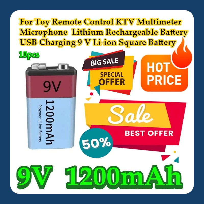 

10pcs For Toy Remote Control Microphone 9V1200mAh Lithium Rechargeable Battery USB Charging 9 V Li-ion Square Battery