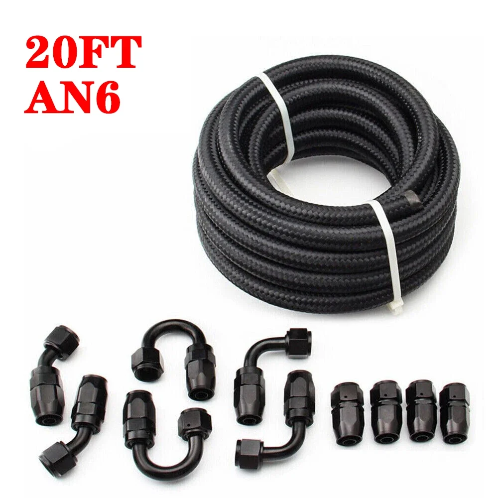 20FT 6M 6AN Stainless Steel Black Braided Oil Fuel Hose Line 20 Feet +Swivel End Fitting