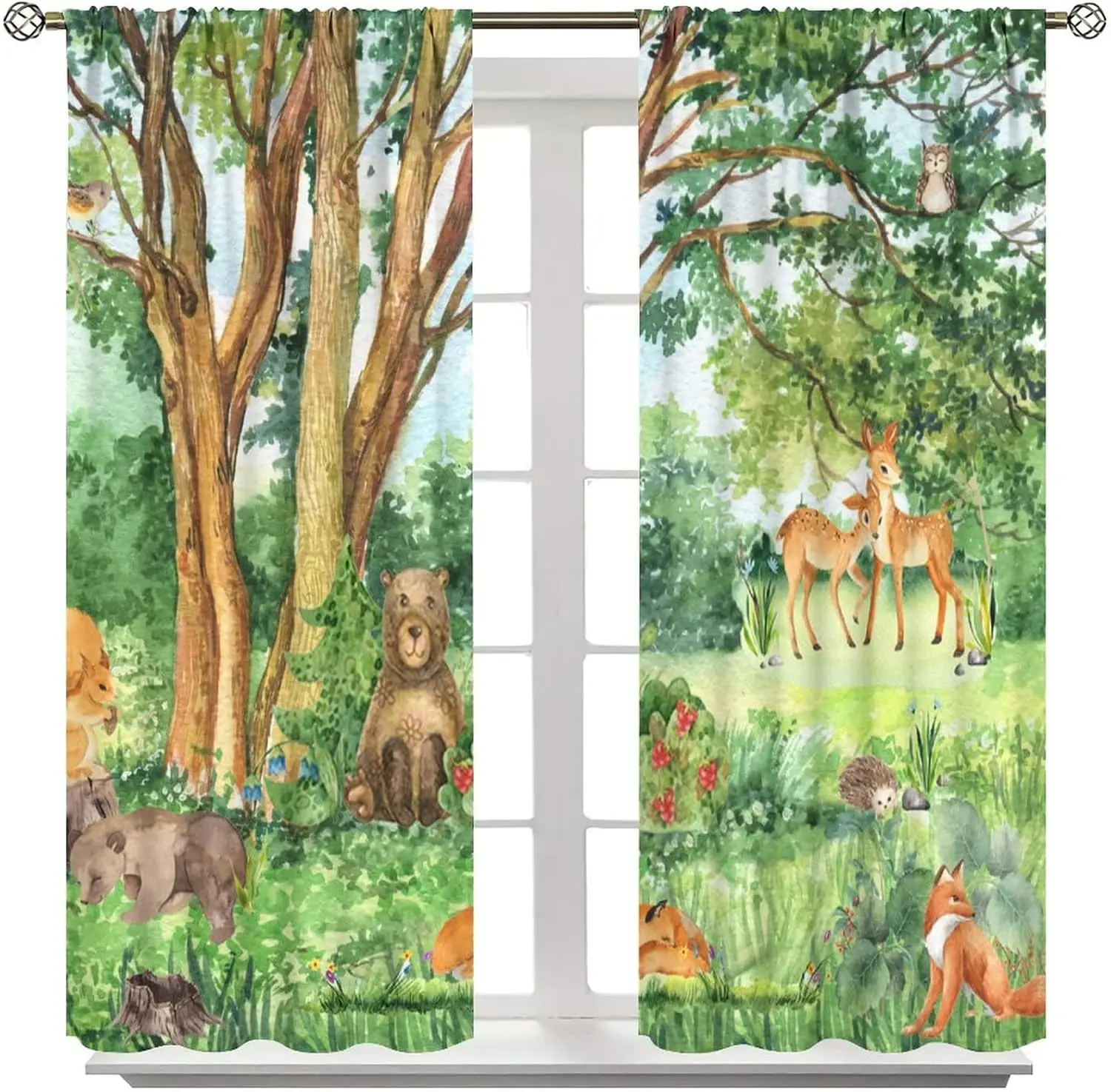 

"Forest Friends" Curtains Watercolor Deer, Fox & Bear Design with Trees and Flowers Rod Pocket Drapes for Kids' Room or Nursery