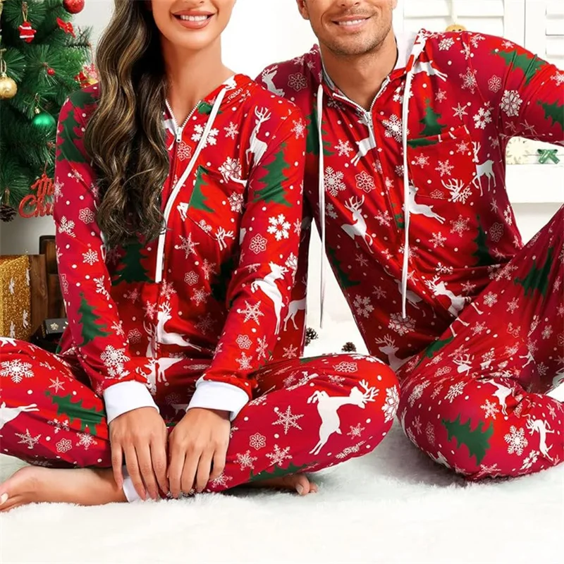 Christmas Pajama Set for Couples Cute Print Hooded Zipper 1 Piece Rompers Loungewear Sleepwear Family Holiday Homewear