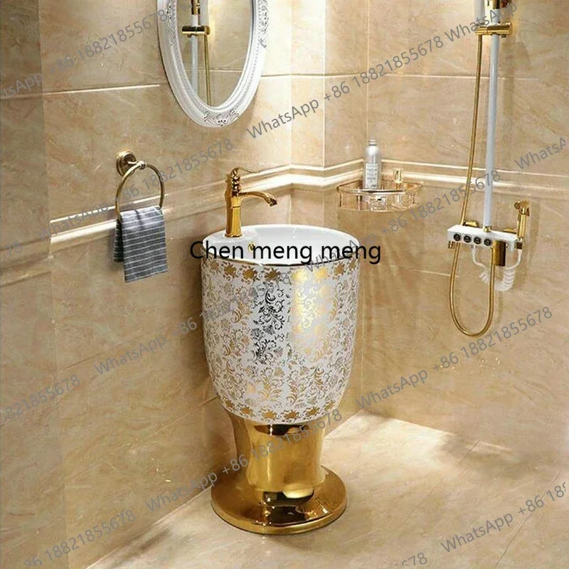 New arrive Bathroom Sink With Stand Pedestal Wash Basin Gold Cup Basin Round Pedestal Sink Ceramic