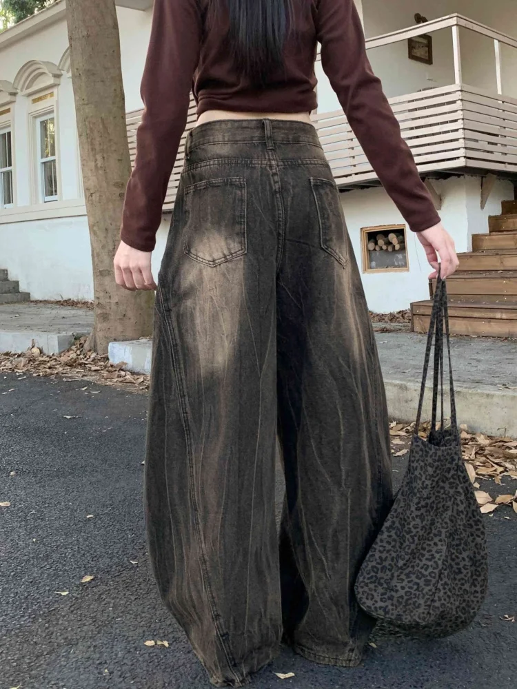 2025 Cyber Y2K Streetwear Pantaloni jeans da donna neri vintage invecchiati per abbigliamento donna Pantaloni lunghi in cotone Harajuku a gamba larga