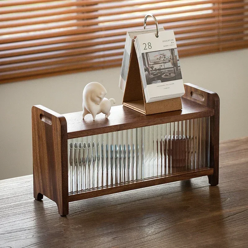 

Walnut Wood Tabletop Shelf Sliding Door Storage for Tea Sets Solid Wood Organizer with Tempered Glass Display