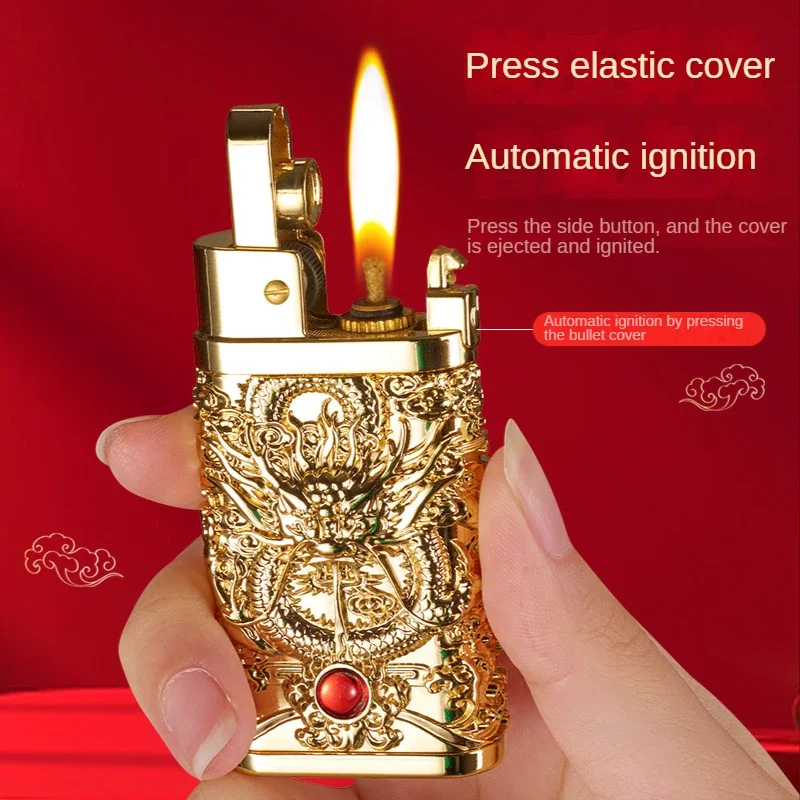 

Personalized Metal Helmet Armor Dragon Carving Press Automatic Ejection One Button to Start Kerosene Open Fire Vintage Lighter