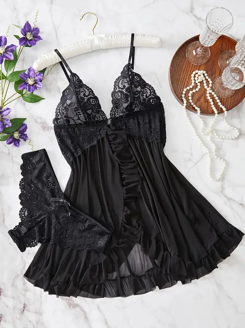 Lingerieset met contrasterende kanten ruches, diepe V-slipdress en string, sexy dameslingerie en ondergoed