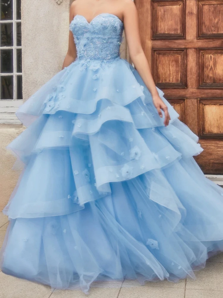 Elegant Sky Blue Women Party Dresses Strapless Lace Applique Tiered Skirt Long Wedding Occasion Formal Wear Evening Prom Dress