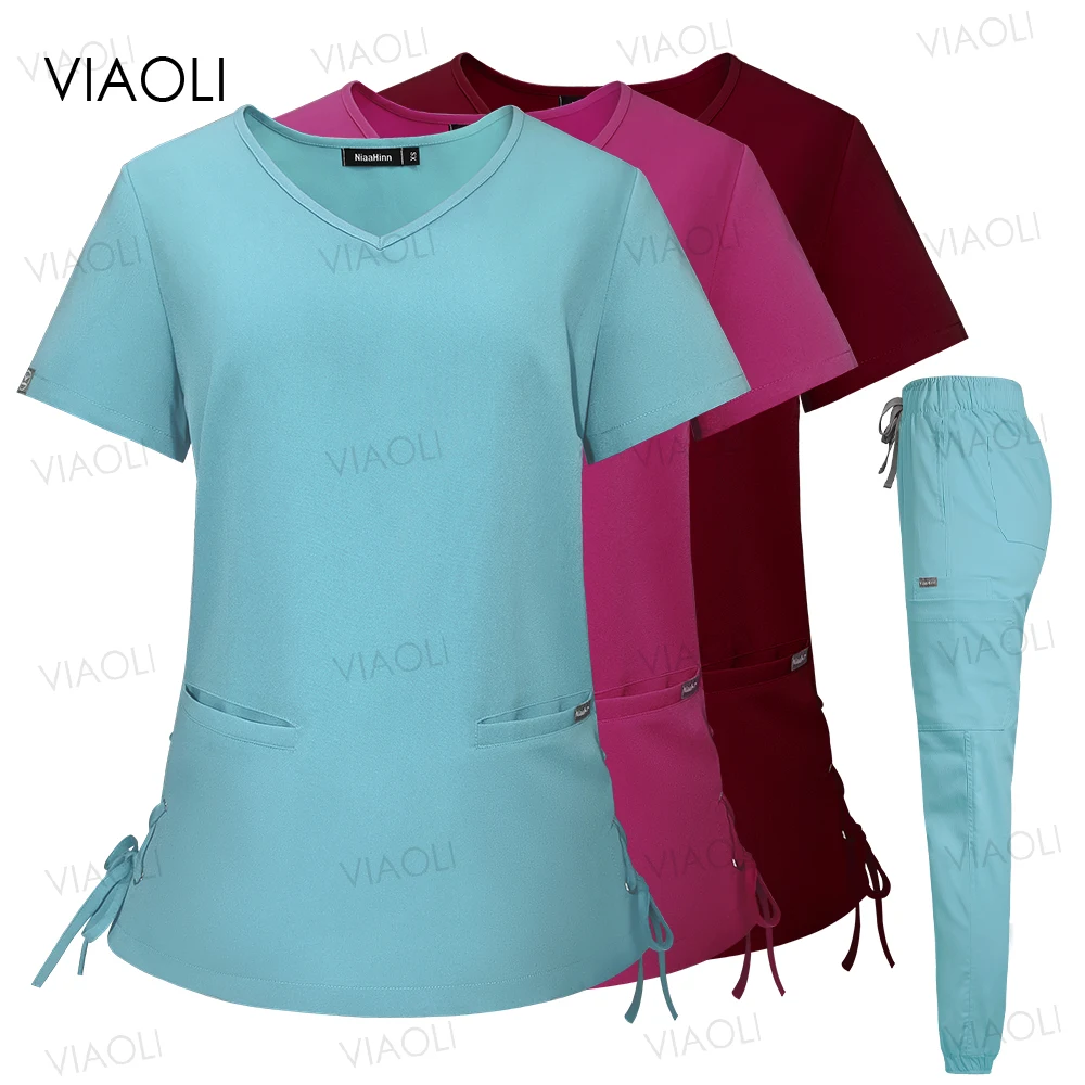 

Women Beautician Suits Medical Uniforms Stretch Scrub Set Hospital Surgical Pocket Top Pants Doctors Clothes Nursing Accessories