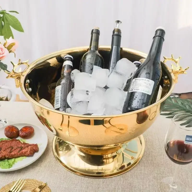 13,5 l großer Champagner-Schüssel mit Hirschkopf und Ohrkühlung, 304-Edelstahl, goldenes Silber, Wein- und Bier-Eiskübel für Cocktailgetränke