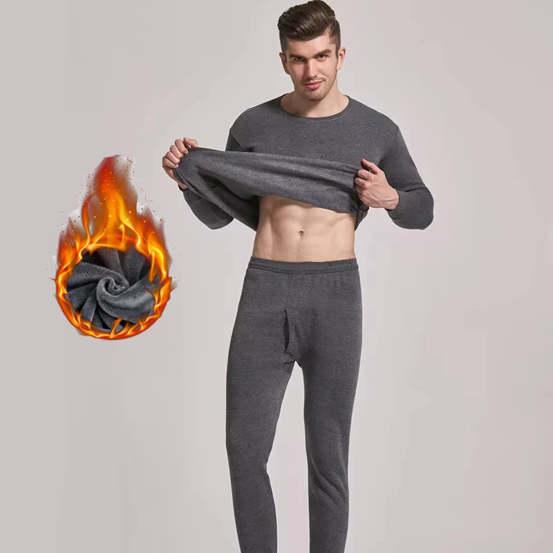 Men\'s autumn and winter velvet pajama set solid color thermal underwear round neck fleece thick pajama pajama pants