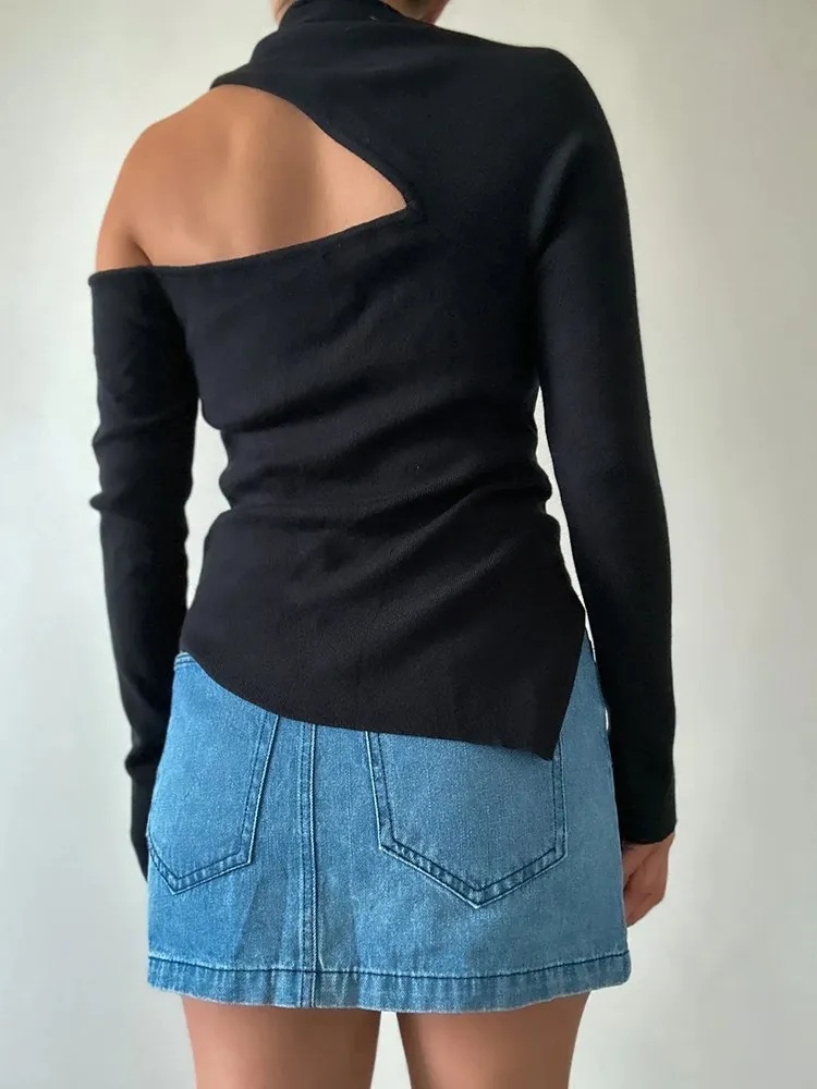 ¡Novedad de mujer! Suéter de cuello Diagonal de manga larga con dobladillo Irregular para mujer