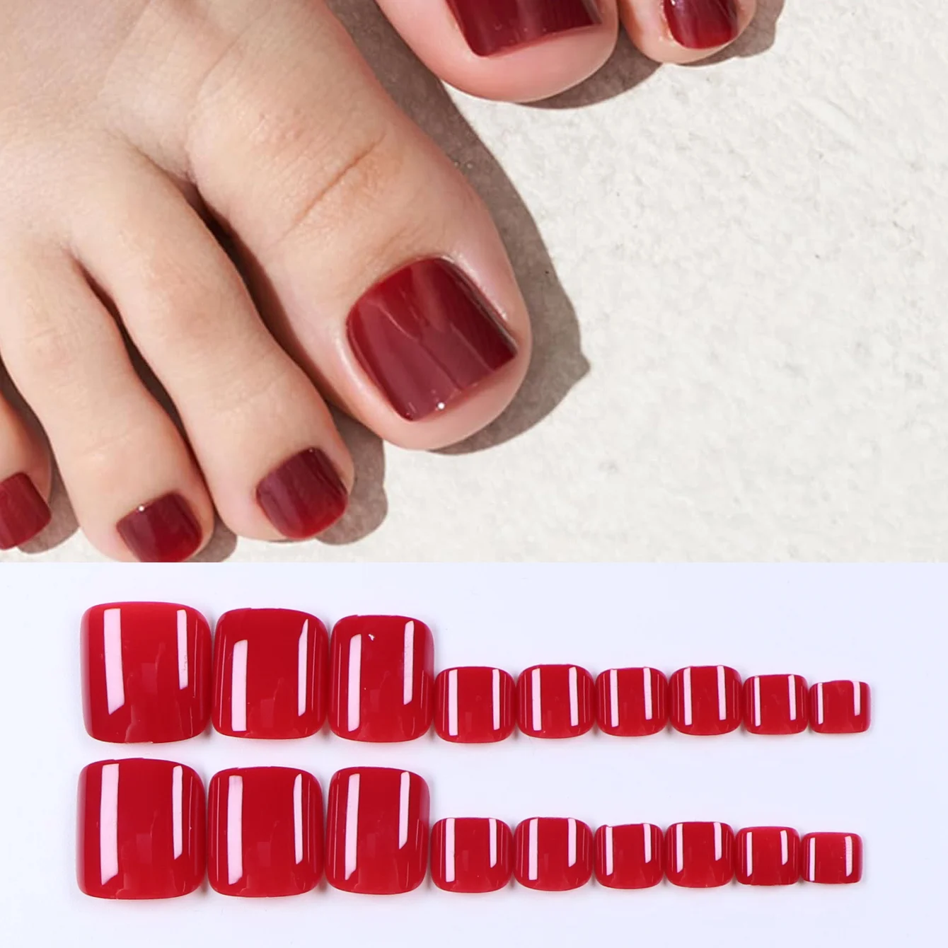 24개 짧은 사각형 빨간 발톱 풀커버 가짜 네일 세트 - 프레스온 네일 - 네일 파일 1개 & 네일 글루 스티커 키트 네일