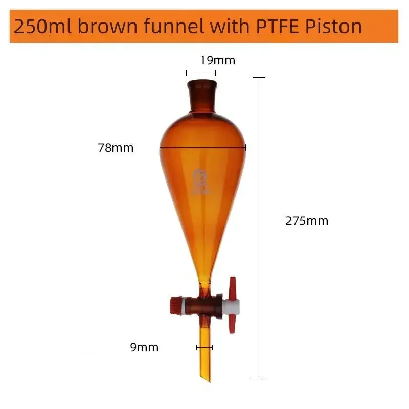 

60–1000 мл стеклянная грушевидная янтарная и толстая разделительная воронка с поршнем из ПТФЭ для лабораторного эксперимента