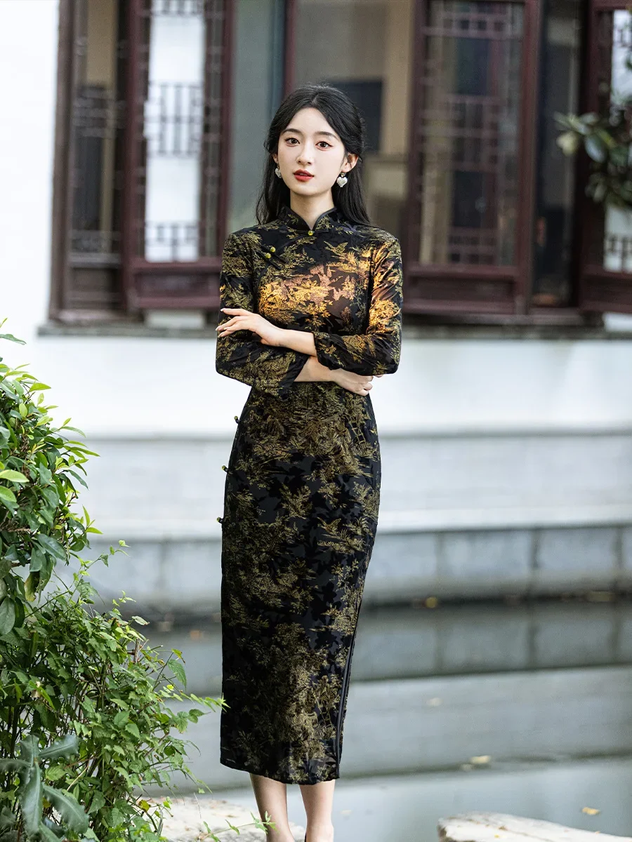 

Женское традиционное платье Cheongsam в китайском стиле с цветочным принтом Qipao, атласное платье, облегающее платье с разрезом по подолу, большой размер