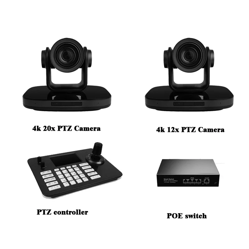 

1pcs 20X NDI 4K P60 AI tracking PTZ Camera and 1pcs 4k 12x camera and 1pcs 4D Joystick Network PTZ Controller with POE switch