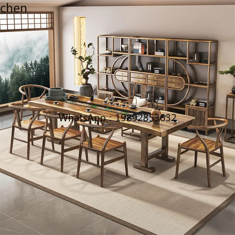 

HT Light Luxury Walnut Wood Flowing Water Tea Table New Chinese Style Home Large Solid Wood Tea Table