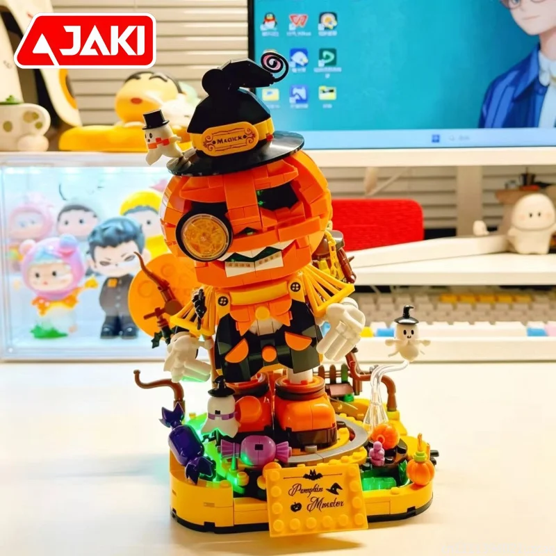 JAKI Halloween Pumpkin Elf Building Blocks | Linked Mechanism & Ambient Light, 795Pcs Rotatable Adult Desktop Decor Holiday Gift