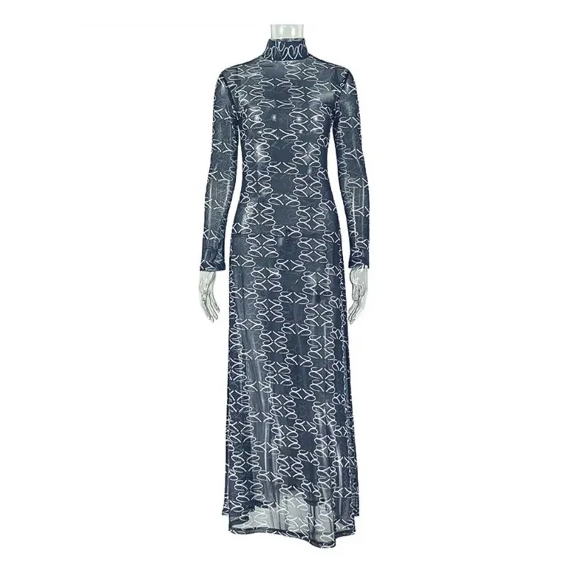 Womens Dresses 2026 New Spring Geometric Print Long Sleeve Waist Tied Detail Maxi Dress Casual Slim Fit Slit Vacation Dress