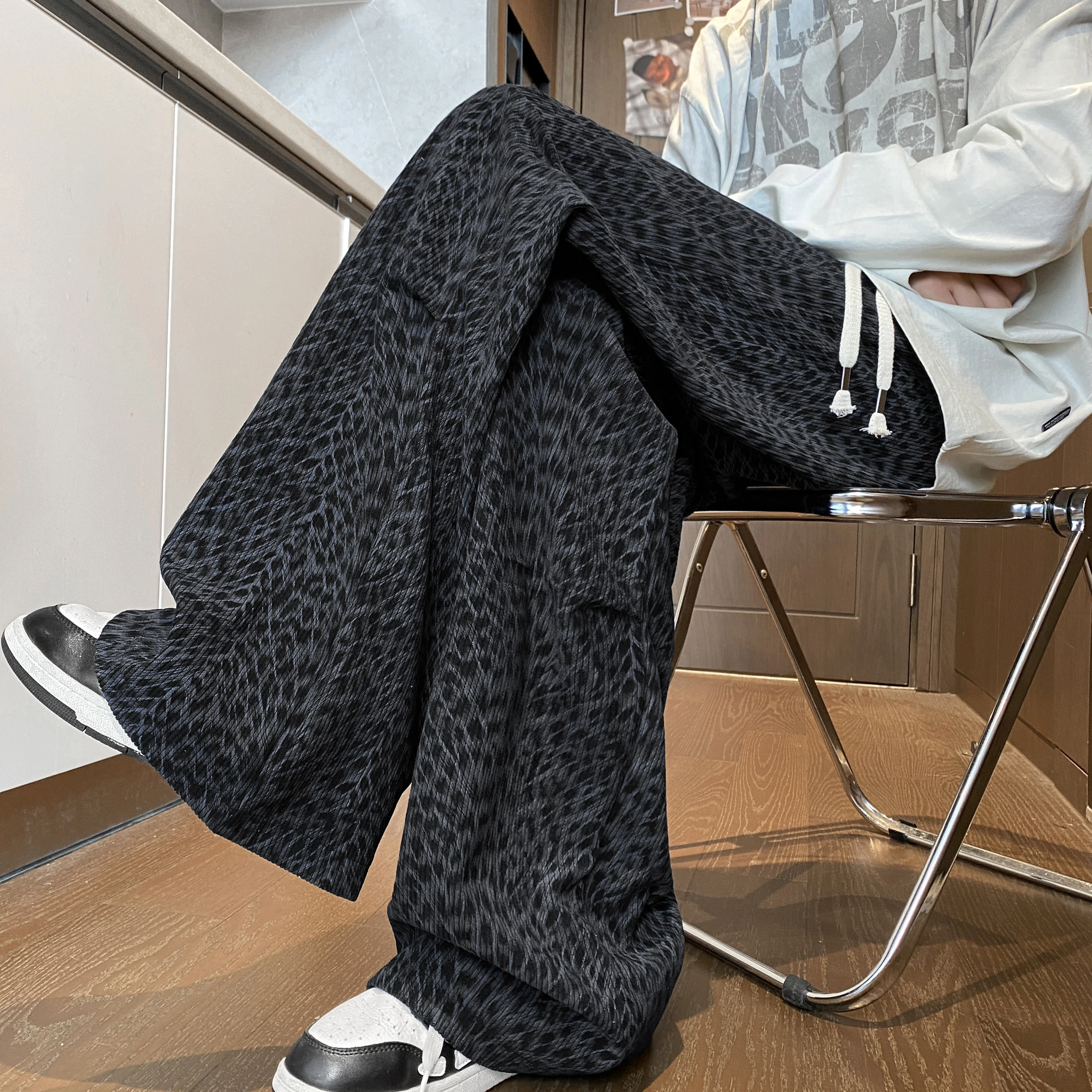 

Thiened Fce Men's Sweatpants Loose Wide Leg Autumn Winter High Sensation Leopard Print Large Size Casual Sports Teenage ...