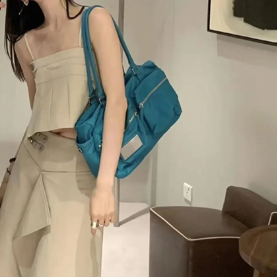 New mona fashion Joker double pocket design leisure canvas hand bill of lading shoulder Korean bag girl big shoulder bagstotebag