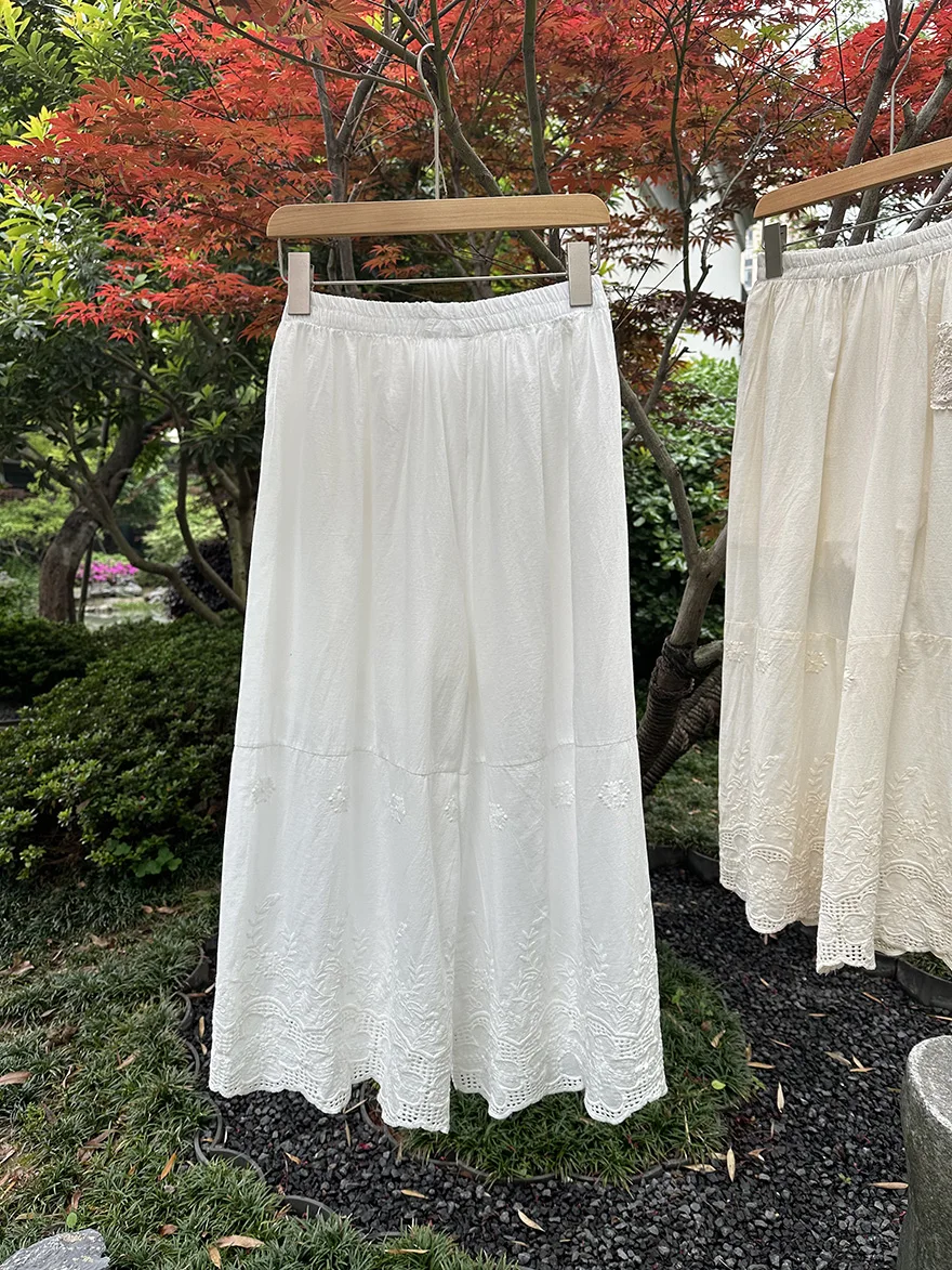 夏新森システム スイートで精巧な刺繍入り中空パンツ 綿100% ストレートワイドレッグパンツ カジュアルなボトムス