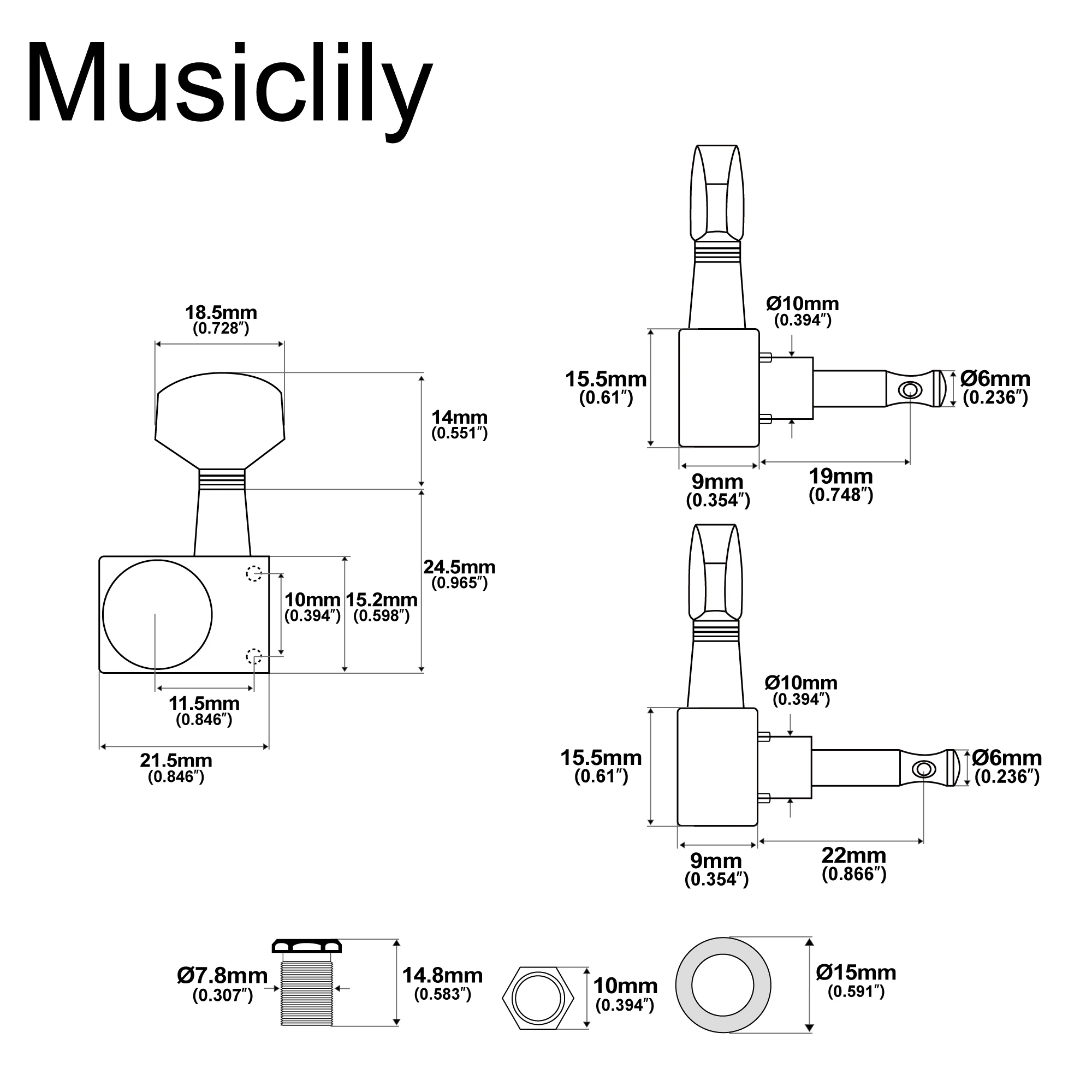 Musiclily Pro R18K Left-Handed 6-in-line 18:1 Ratio 2-Pin Full Sealed Staggered Guitar Tuners Machine Heads Tuning Pegs Keys