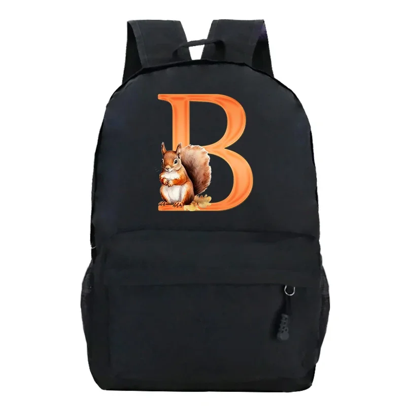 Letter Print Cartoon Squirrel Canvas Backpack for Girls Boys Orange 26 Alphabet College School Travel Bags Women Men Bookbag