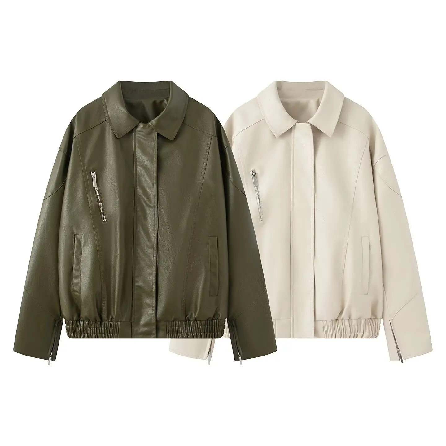 KASLEAD New Women's Casual Loose Leather Jaet Simple Vintage Sle Street Faion Zipper Closure Long Sve Polyester Fiber