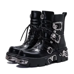 Retro casual high boots unisex metal workwear rock thick soled boots motorcycle boots men motorcycle shoes