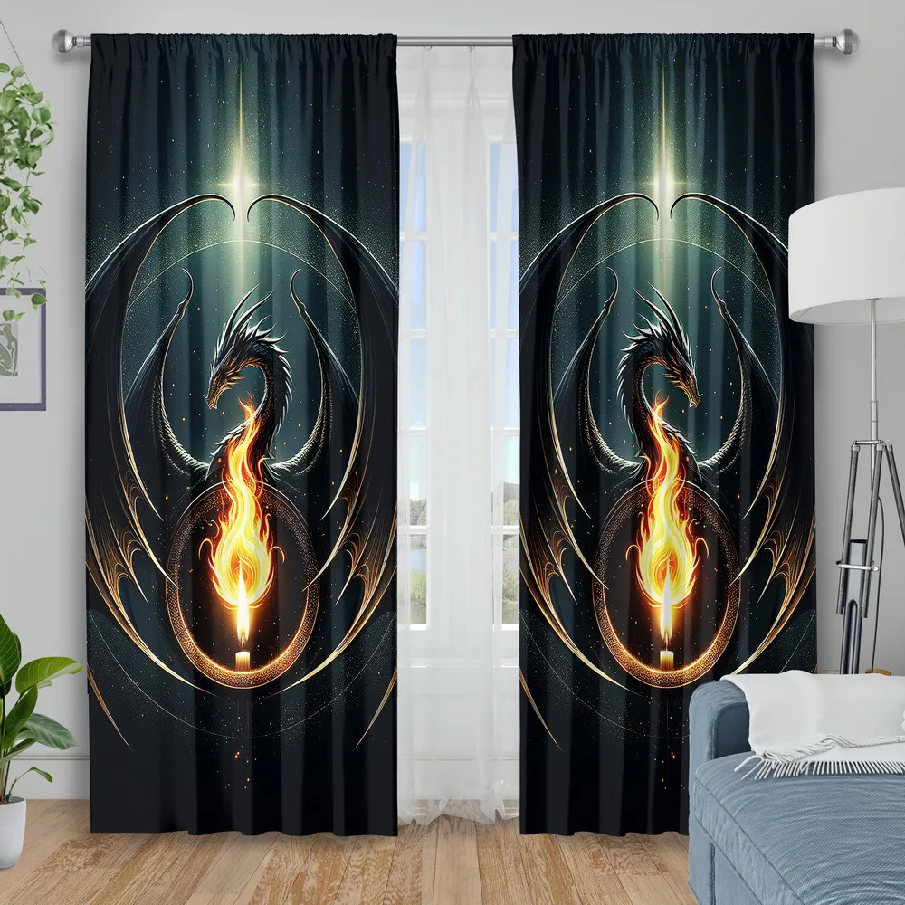Dragon Curtains, Fantasy Fire Breathing Creature Print Drapes for Bedroom, Mythical Animal Window Treatment Home Decor