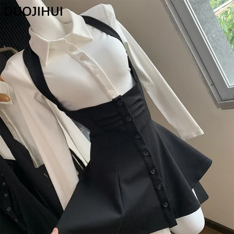 DUOJIHUI Two Piece New Sexy Chic Halter Female Dresses Basic Polo Neck Fashion Button Shirt Slim Simple A-line XS-L Women Dress