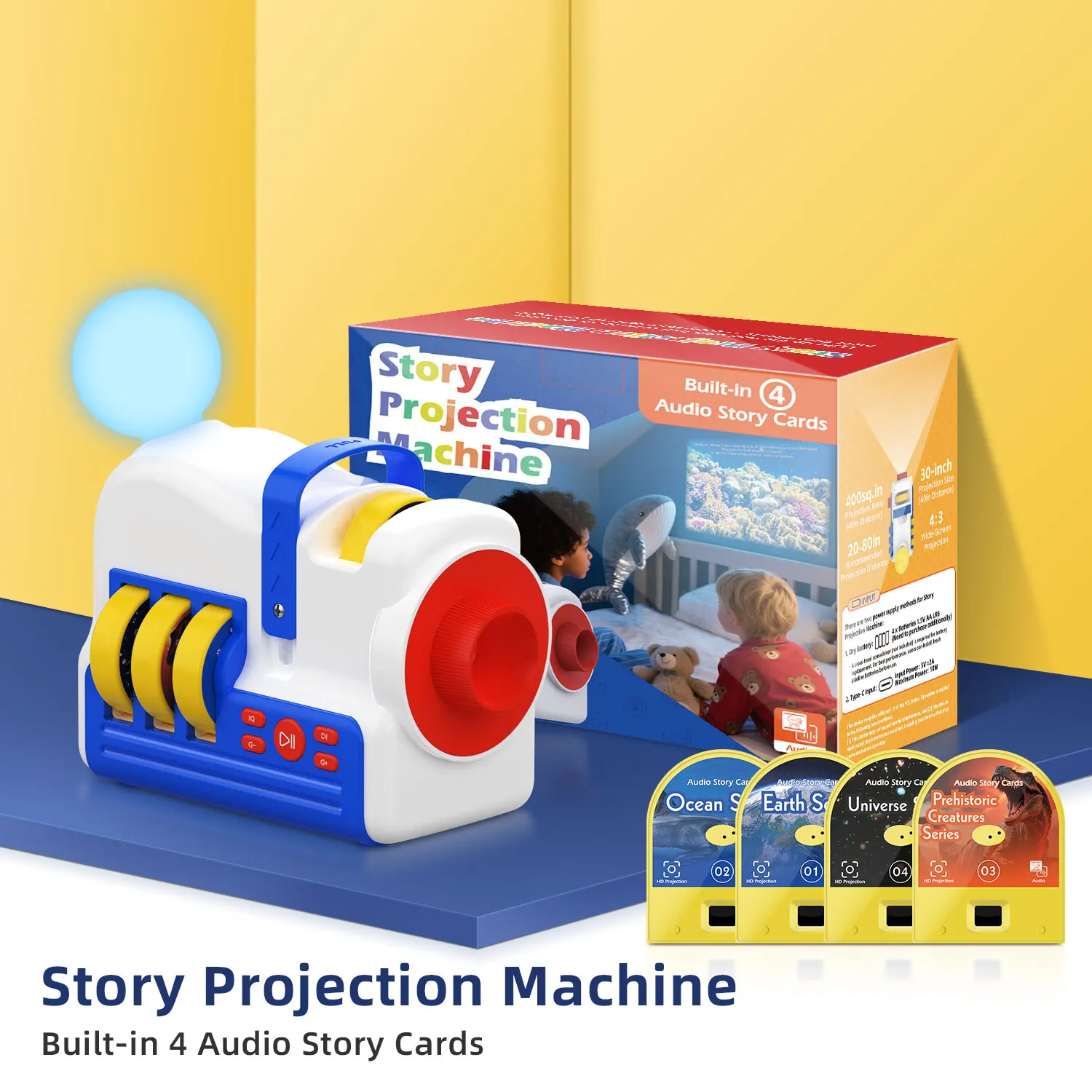 آلة عرض القصة ضوء ليلي مدمج 4 بطاقات قصص صوتية هدية للأطفال الصغار والبنات والأولاد من سن 3 سنوات فما فوق