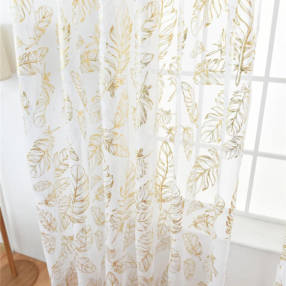 1Pcs Feather Bronzing Golden Sheer Curtain Rod Shading Voile for Window Screening Home Decor Half Shading Tulle Texture