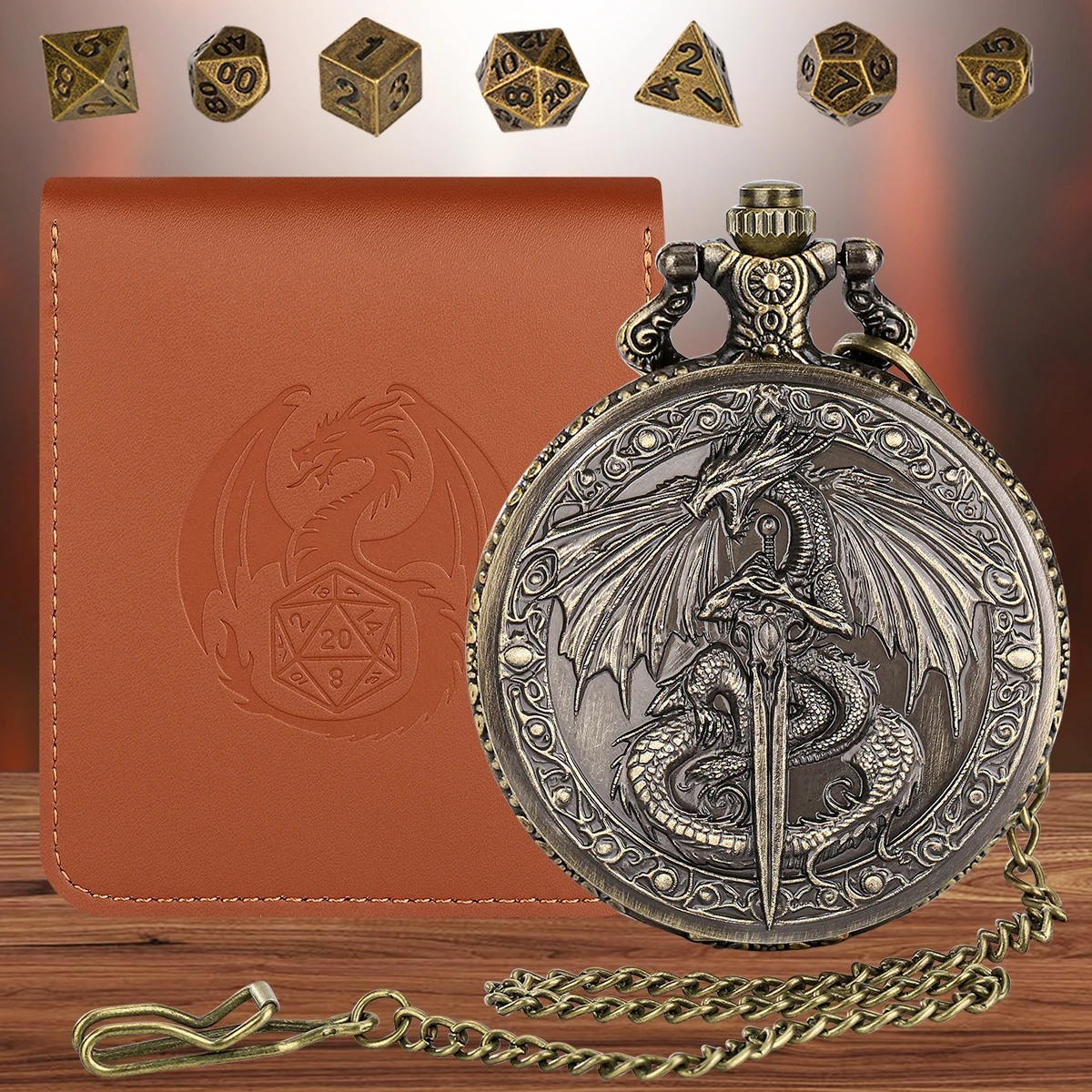 Steampunk Bronze Pocket Watch Case with 7pcs Polyhedral DND Dice Fantasy Dragon Gripping Sword Pattern Mini Dice Set with Bag