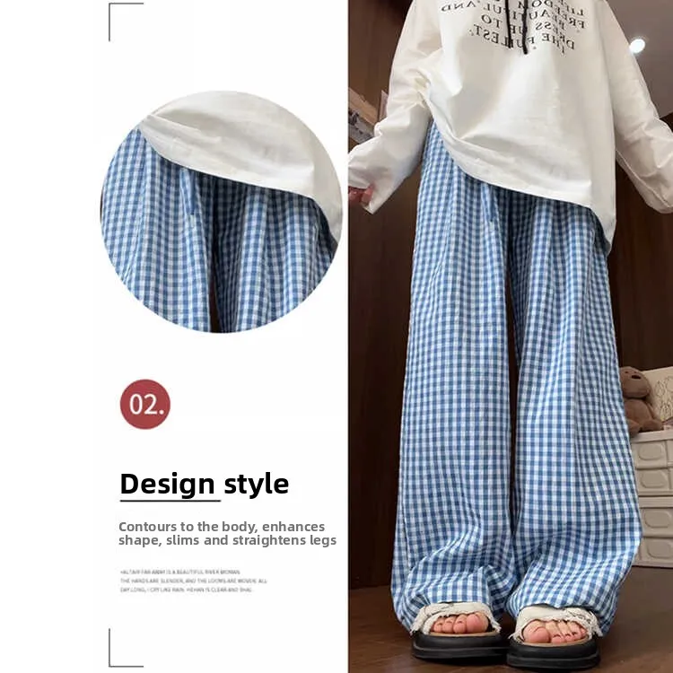 Blau karierte Hose mit weitem Bein für Damen, Sommer, dünn, locker, gerade, lässig, hohe Taille, bodenlange Hose, Schlankheitseffekt