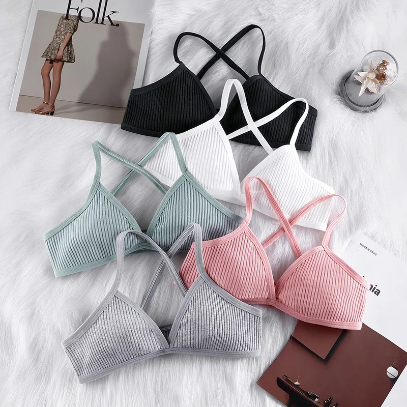 Women Sports Bra Comfort Cotton Bras For Women Thin French Style Bralette Sexy Deep V Triangle Cup Cross Tank Top Bra Yoga Gym