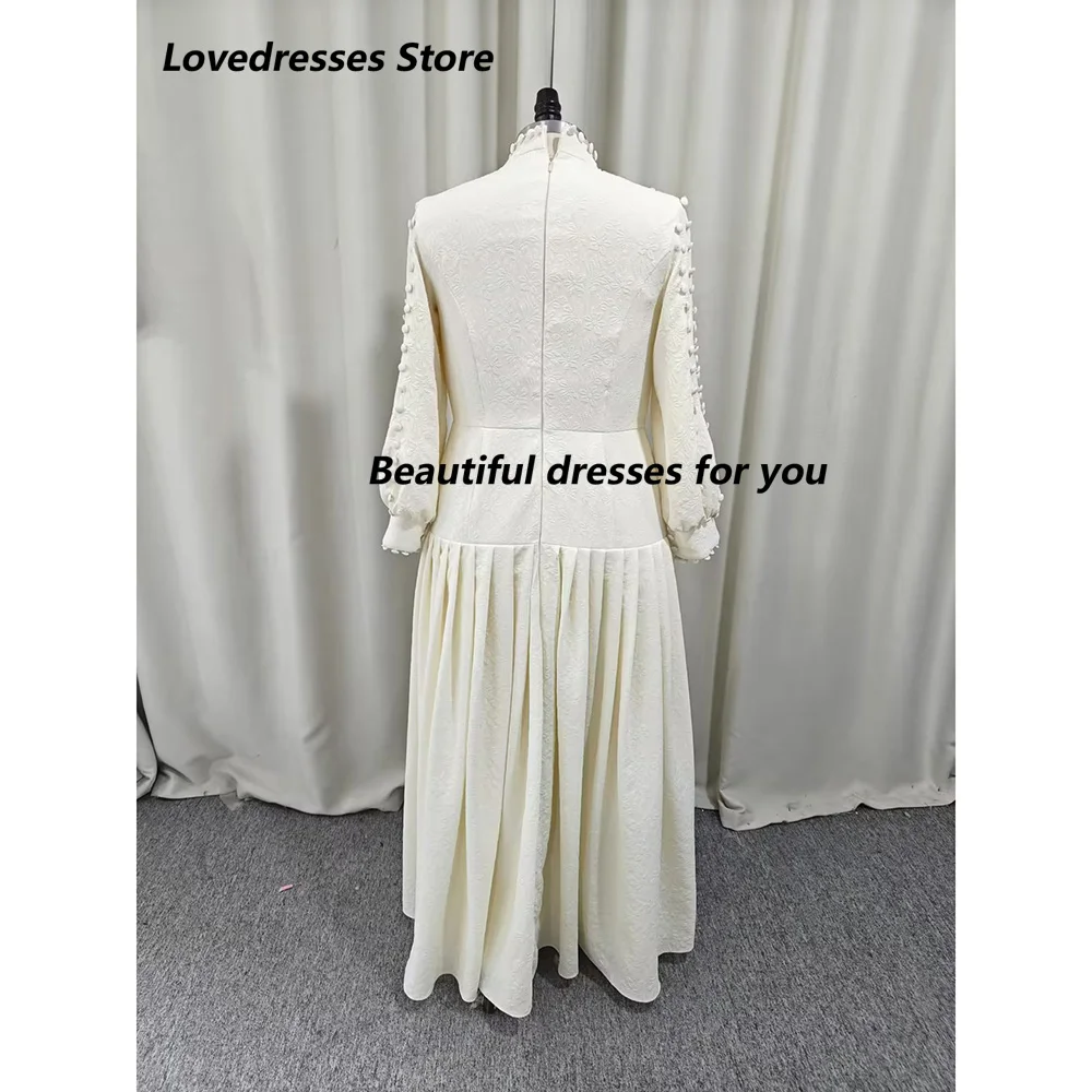 Customized Elegant High Neck Long Sleeves Evening Dresses A-line Button Party Dresses Ankle-Length Dresses Gala for Special Ocn