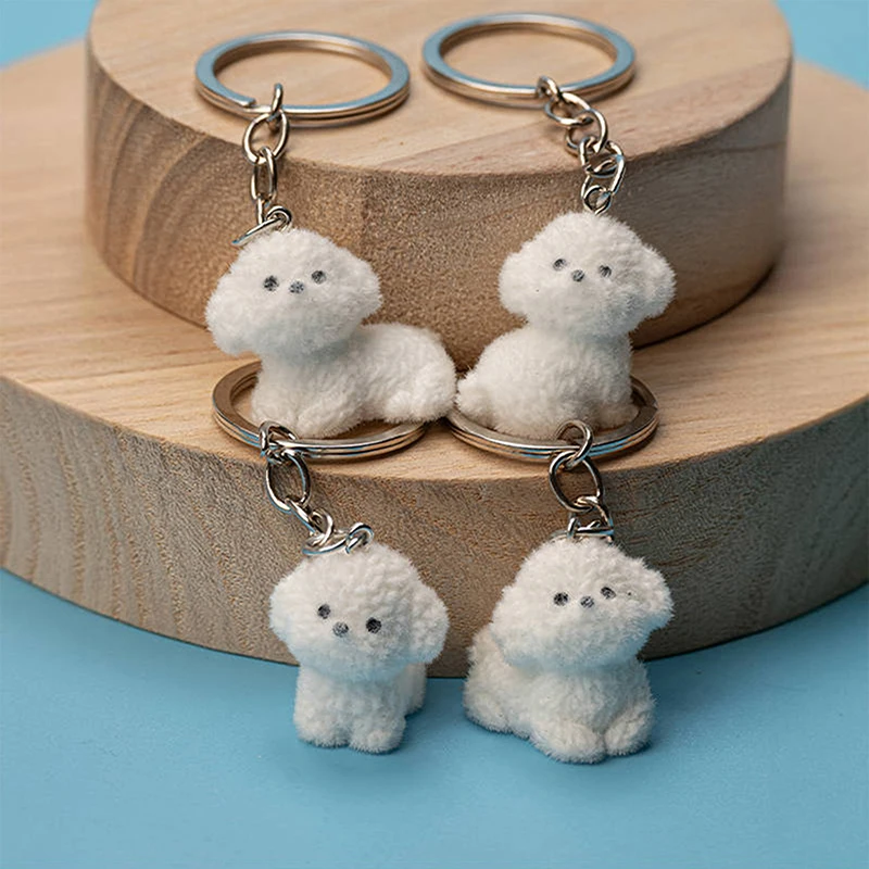 3D Cartoon Flocking White Dog Auto Keychain Cute Puppy Animal Keyring Bag Pendant Backpack Trinkets Car Decor Accessories Gift