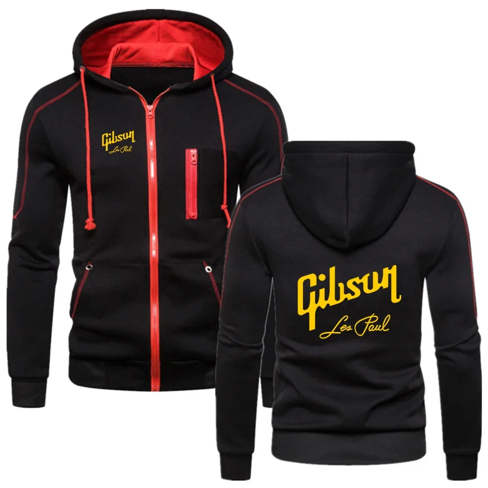 Guitar Gibson Les Paul 2024 Men New Solid Color Zip Hoodie Sport Multi-zip Jackets Comfortable Casual Long Sleeve Sweatshirt Top