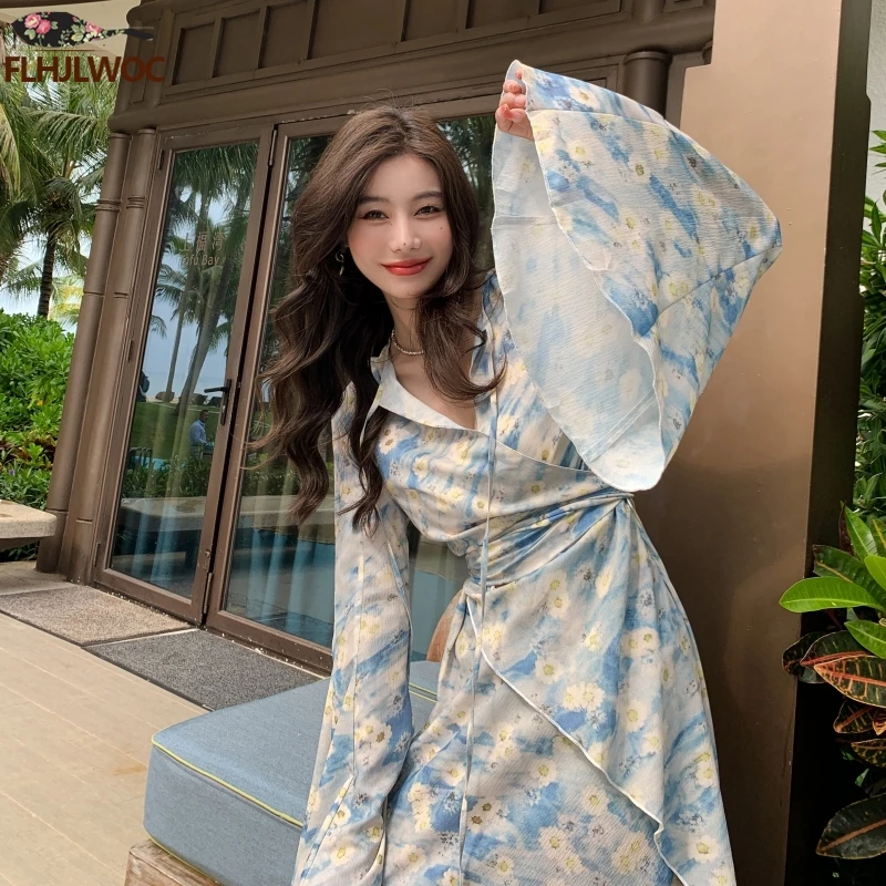 Romantic Chic Holiday Long Maxi Dress Big Flare Sleeve Women Date Girls Lace-Up Floral Print Flower Ruffles Feminine Vestidos