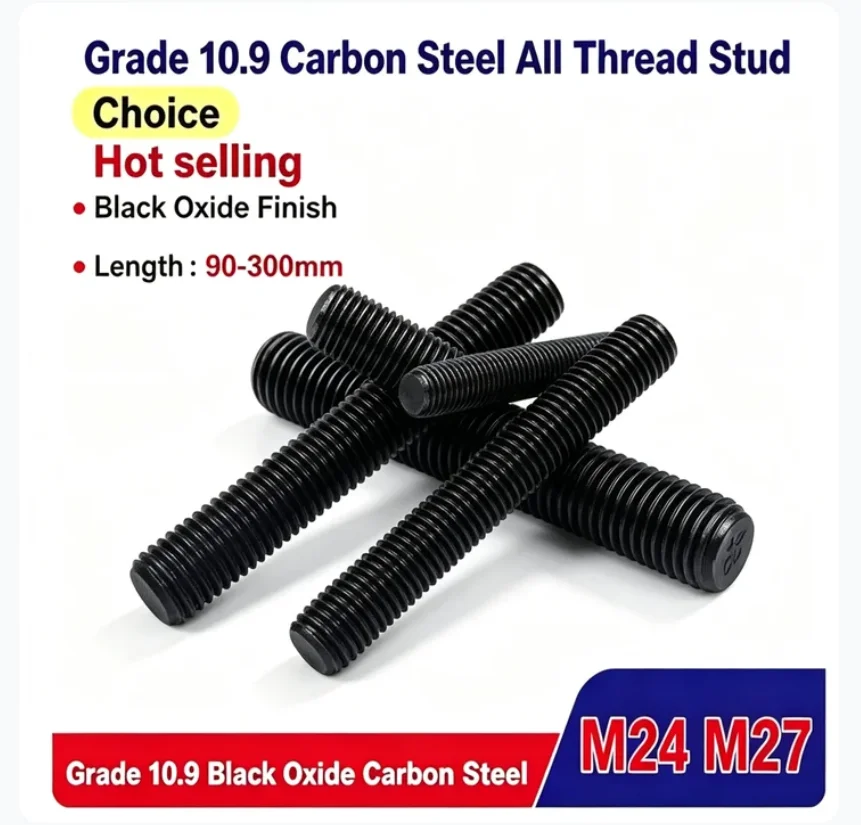 M24 M27 10.9 Carbon Steel All Thread Stud Fully Metric Headless Bolts Thread Stud Rods Screws Length 90-300mm