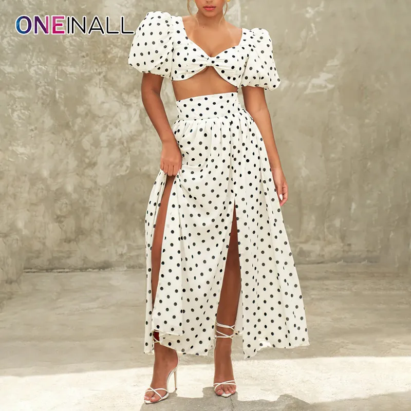 

Oneinall Polka Dot Two Piece Sets For Women Square Collar Puff Sleeve Crop Top High Waist Split Midi Skirt Hit Color Set Female