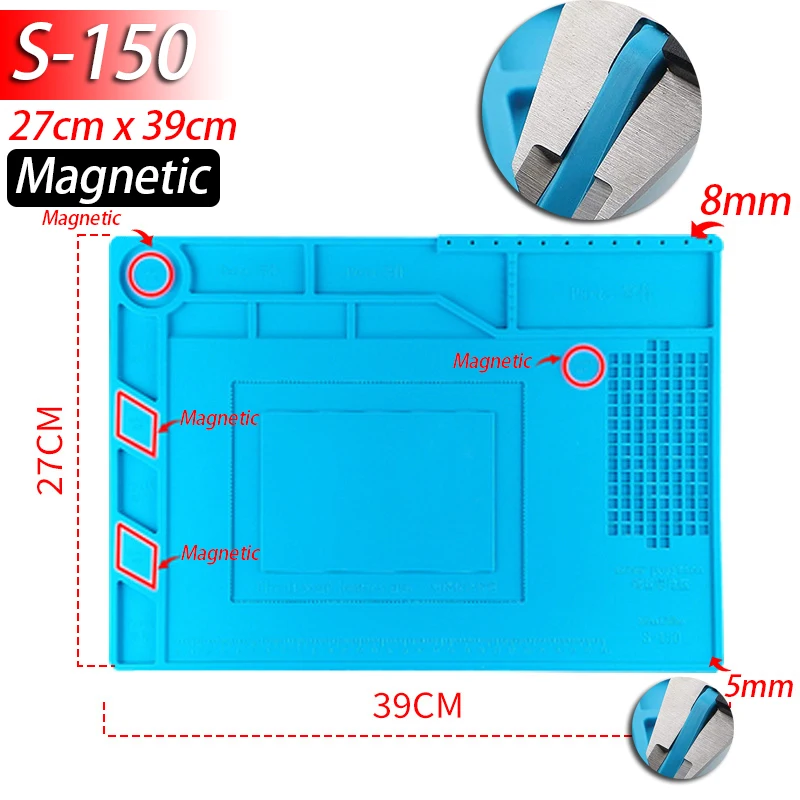 Lötstation-Matte Silikon-Arbeitsmatte Hitzebeständig 932 ° F Antistatische Magnetmatte für Elektronik, Handy, Laptop und Uhrenreparatur