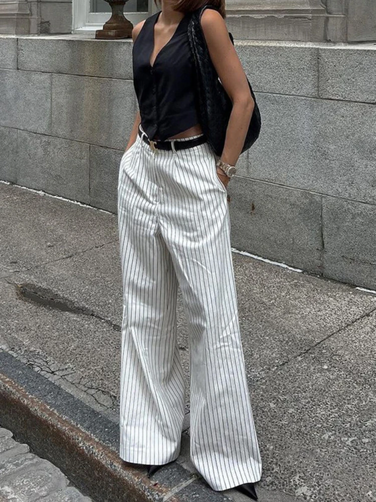 Tossy Women\'s Casual Black White stripe Wide Leg Pants 2024 New Fashion High Waist Zipper Loose Work Business Pants with Pockets