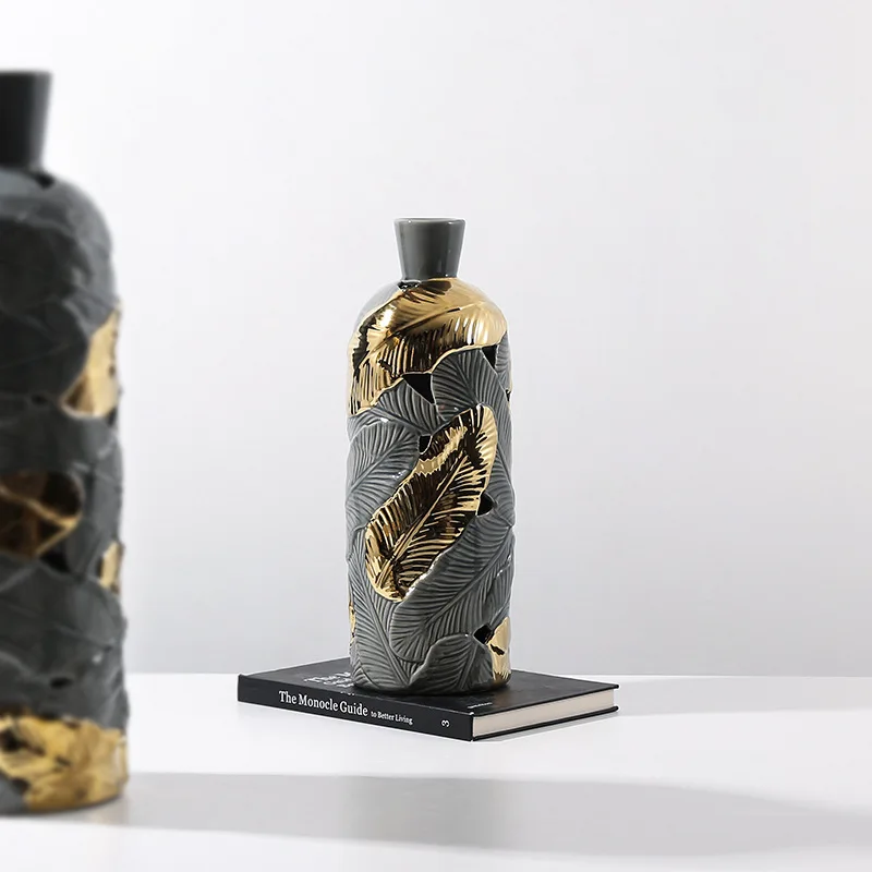Gray gold feather pattern ceramic vase light luxury model house ornament home living room entrance decorative flower ware