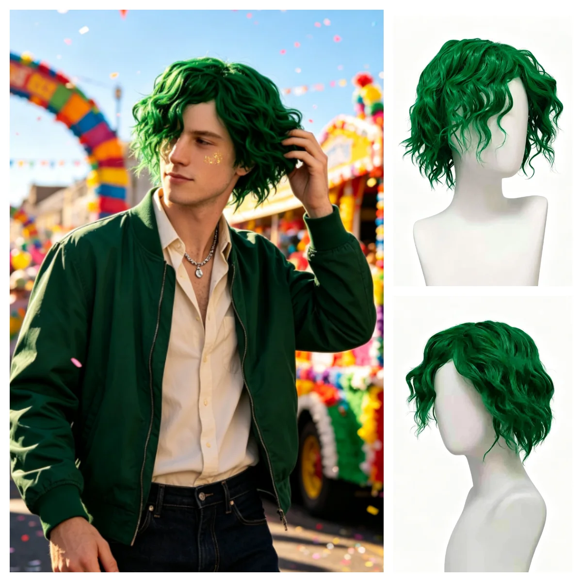 Anxin Brand Synthetic Fiber Wig: Bright Green Short Wavy Hair, Fluffy and Natural, Suitable for Cosplay, Halloween, and Themed Parties for Men / Unisex Synthetic Fiber Machine-Made Wig