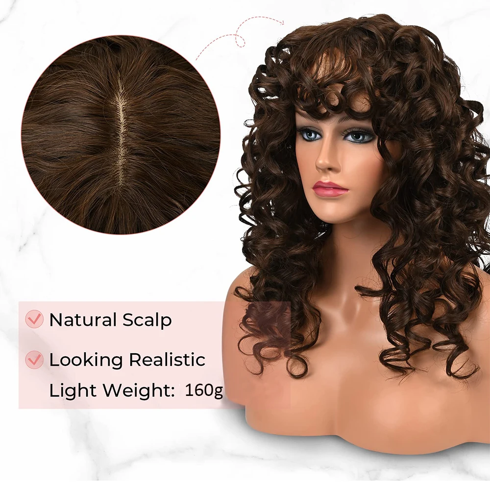 Synthetic Curly Wig with Bangs for Women Long 16 Inch Chocolate Brown Kinky Wigs with Wispy Bangs WIG  Curly Gorgeous Shag Wig