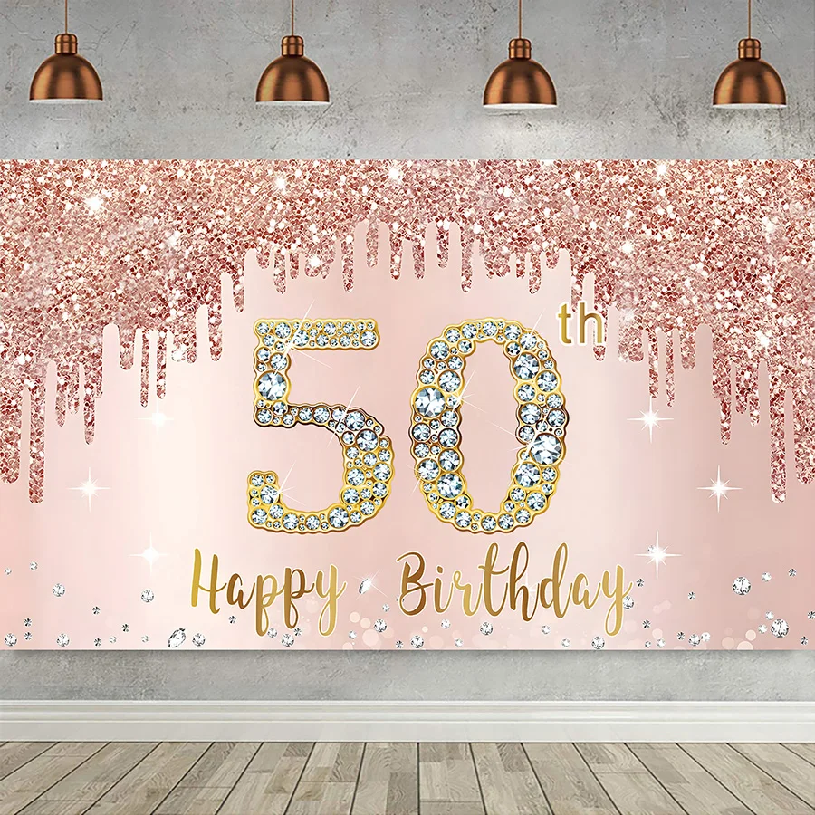 Happy 50th Birthday Party Decoration Backdrop 50 Years Old Pink Rose Gold Photography Background for Women Fifty Bday