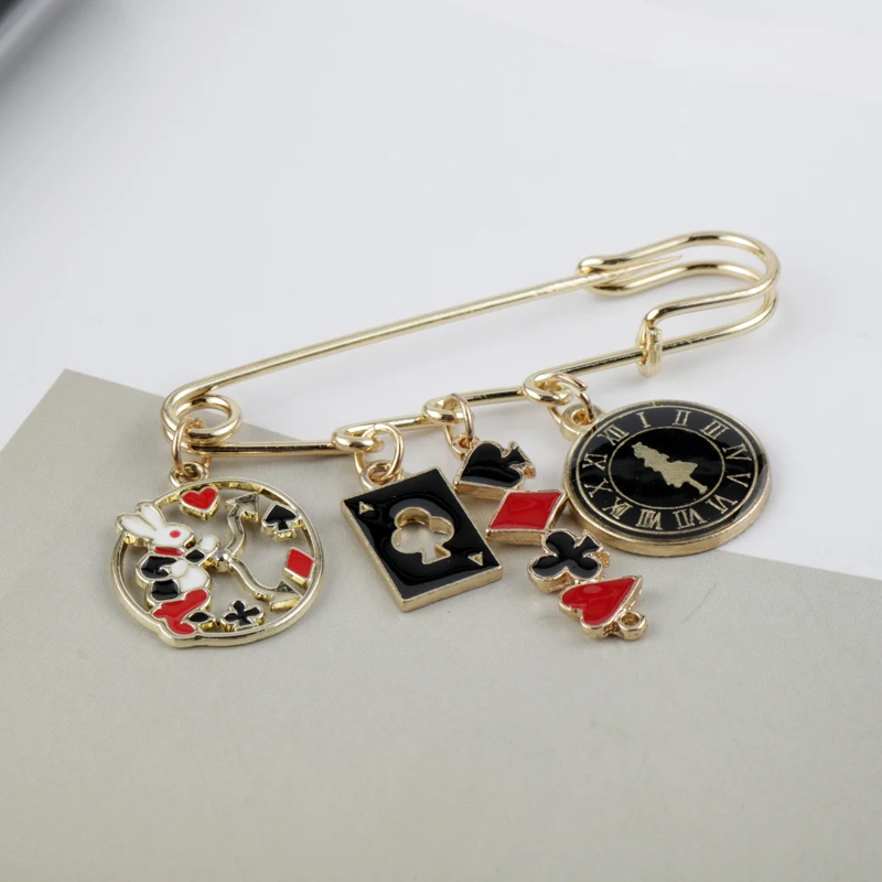 Alice inWonderland Cartoon Brooch Buckle Safety Pins Cute Metal Enamel Rabbit Clock Poker Shape Women Children Bags Hat Badge